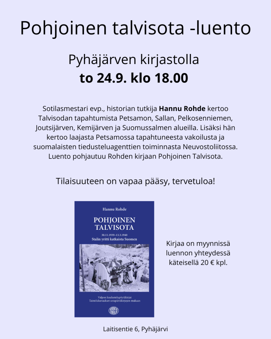Sotilasmestari evp., historian tutkija Hannu Rohde kertoo Talvisodan tapahtumista Petsamon, Sallan, Pelkosenniemen, Joutsijärven, Kemijärven ja Suomussalmen alueilla. Lisäksi hän kertoo laajasta Petsamossa tapahtuneesta vakoilusta ja suomalaisten tiedusteluagenttien toiminnasta Neuvostoliitossa.