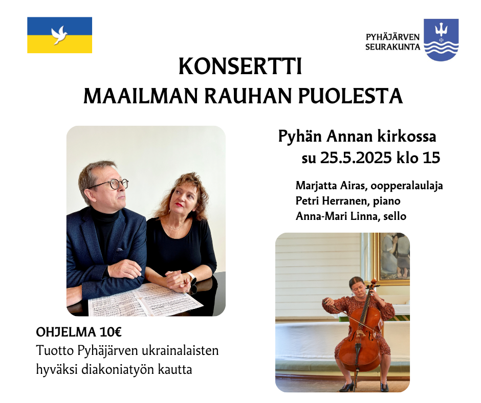 Pianisti ja laulaja nojaavat flyygeliin. Sellisti soittaa kirkon etuosassa.